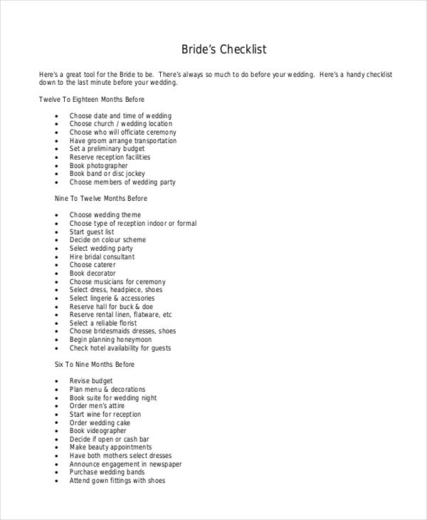 bride checklist for wedding