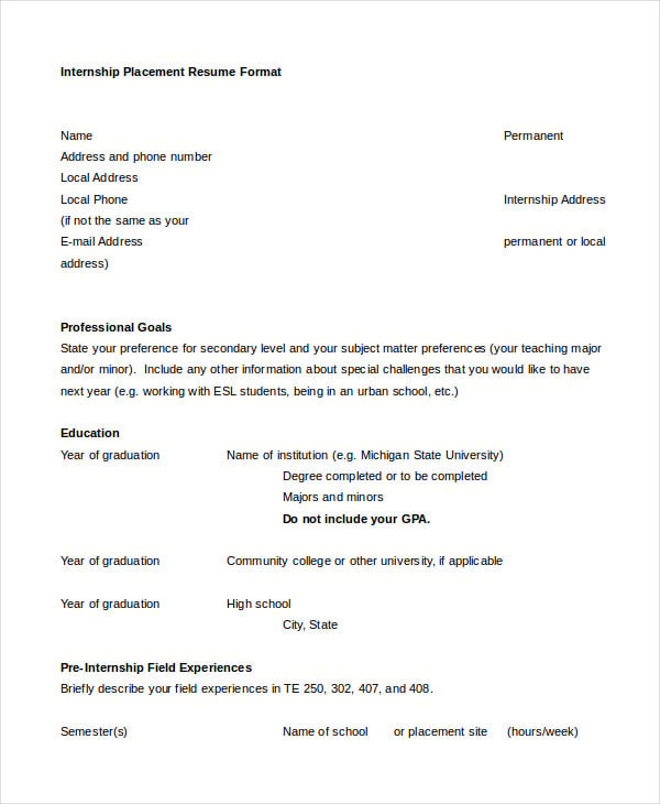 internship placement resume format