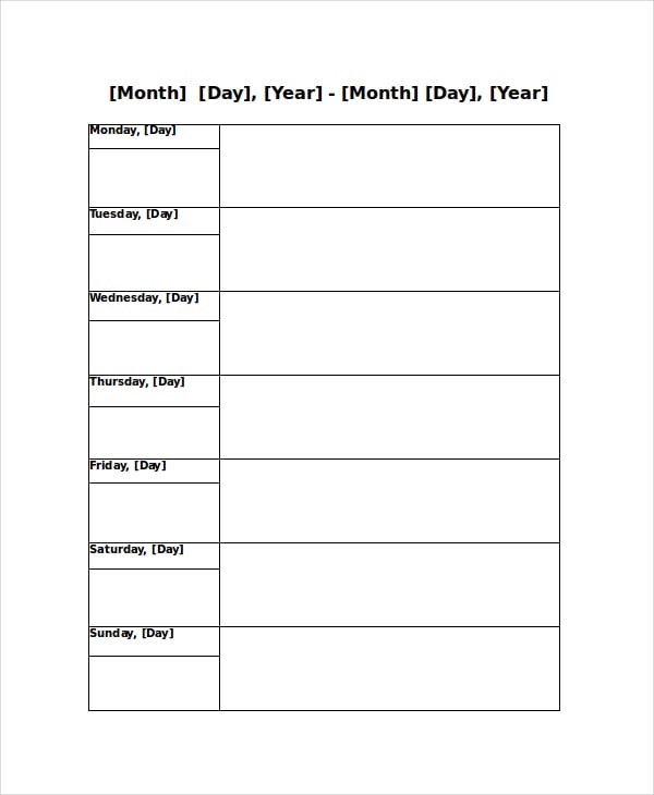 printable weekly blank calendar template