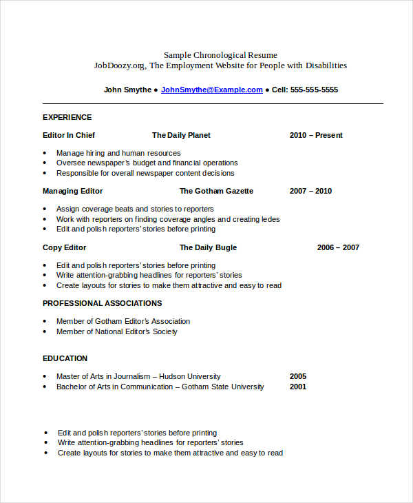 Sample resume chronological free