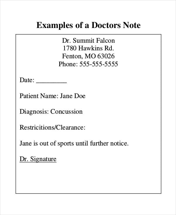 example of a doctors note
