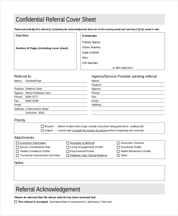 confidential refferal cover sheet example
