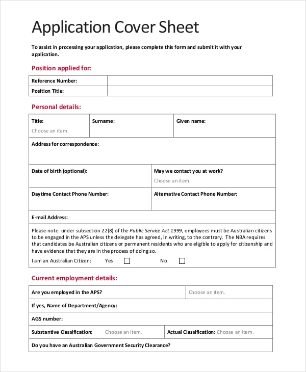 application cover sheet example