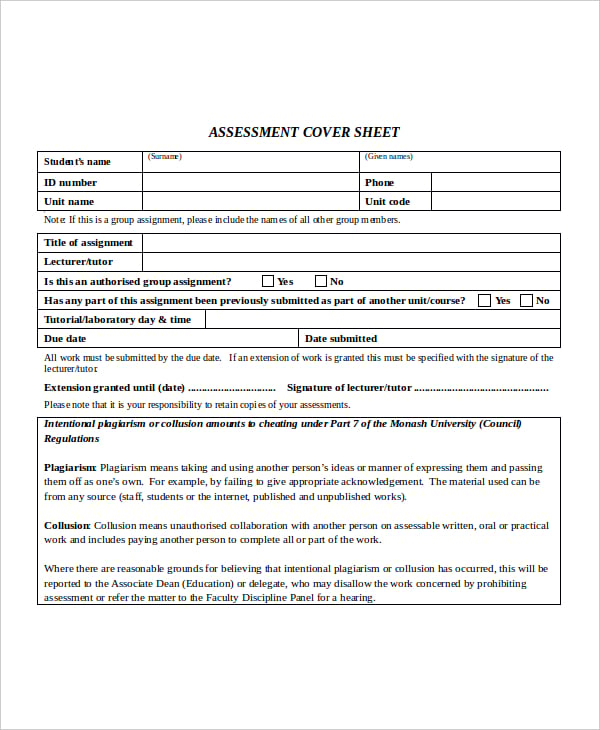assessment cover sheet example