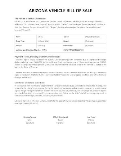 arizona vehicle bill of sale template