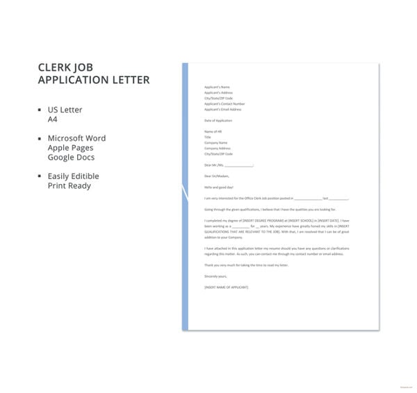 clerk job application letter template