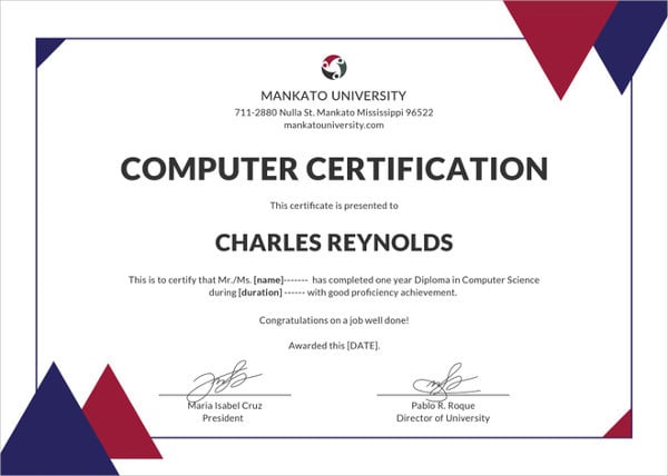 Computer Experience Certificate