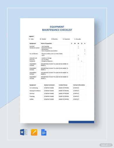 equipment maintenance checklist template