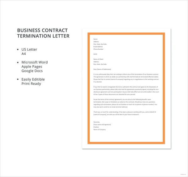 free business contract termination letter template