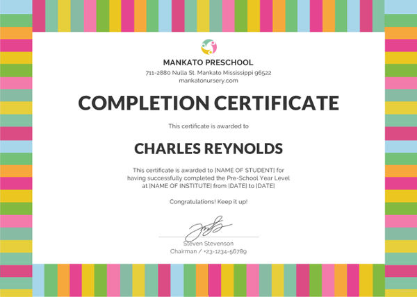 free preschool completion certificate template