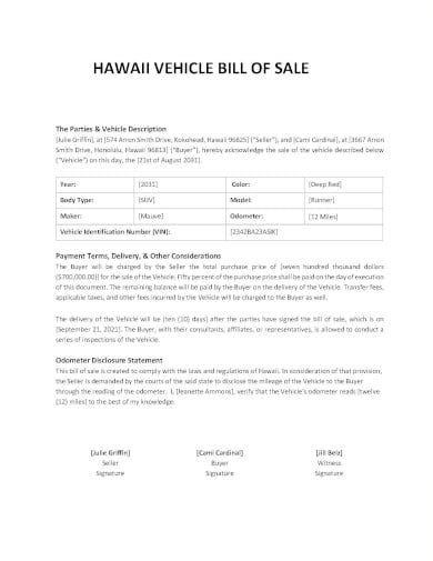 hawaii vehicle bill of sale template