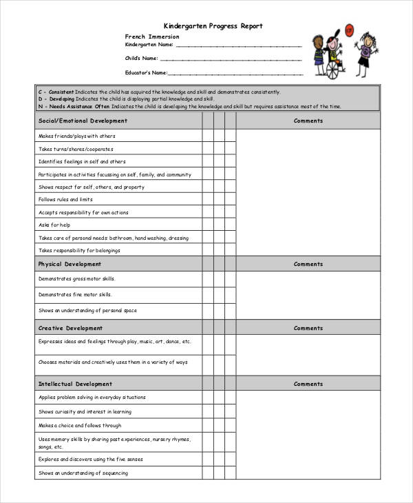 Kindergarten Progress Report Kindergarten