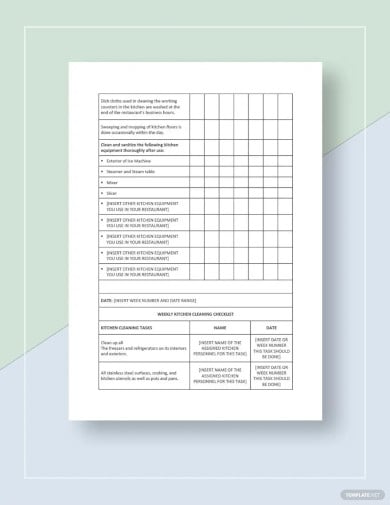 restaurant kitchen cleaning checklist template