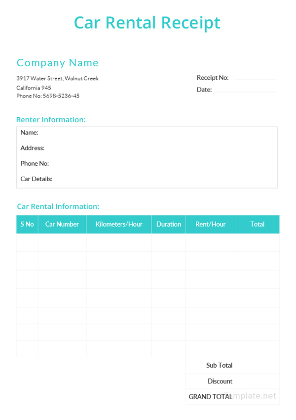 simple car rental receipt template