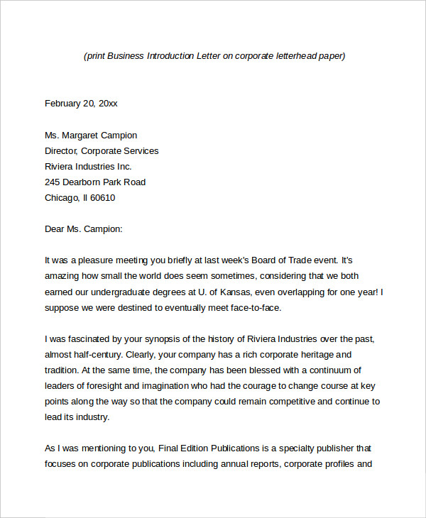 business introduction letter