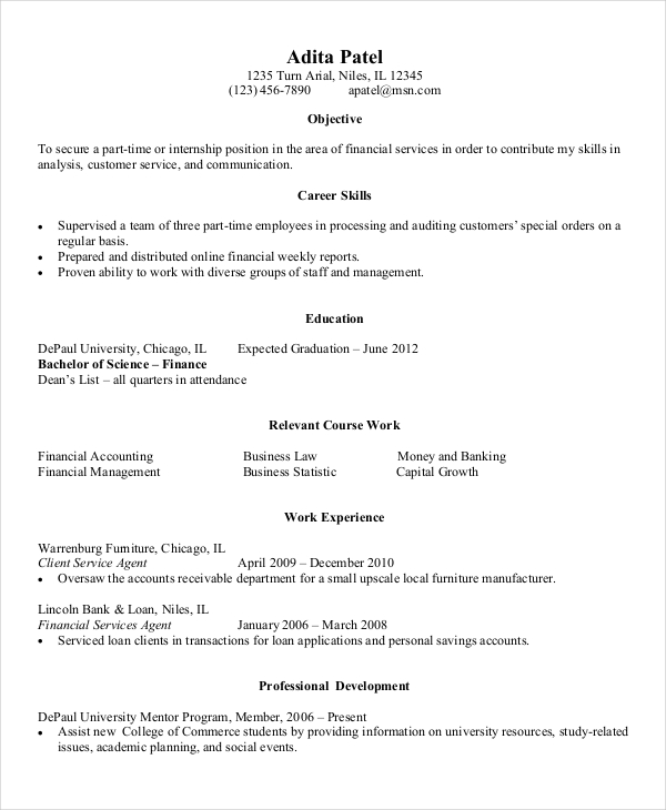 entry level resume for finance example