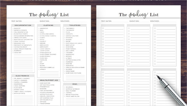 packing list template free download