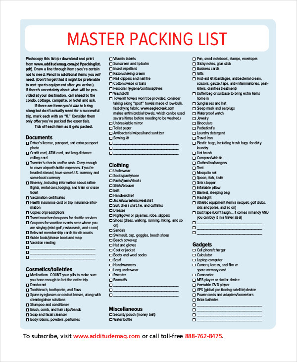 excel rv packing list