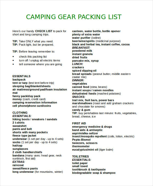 camping gear packing list