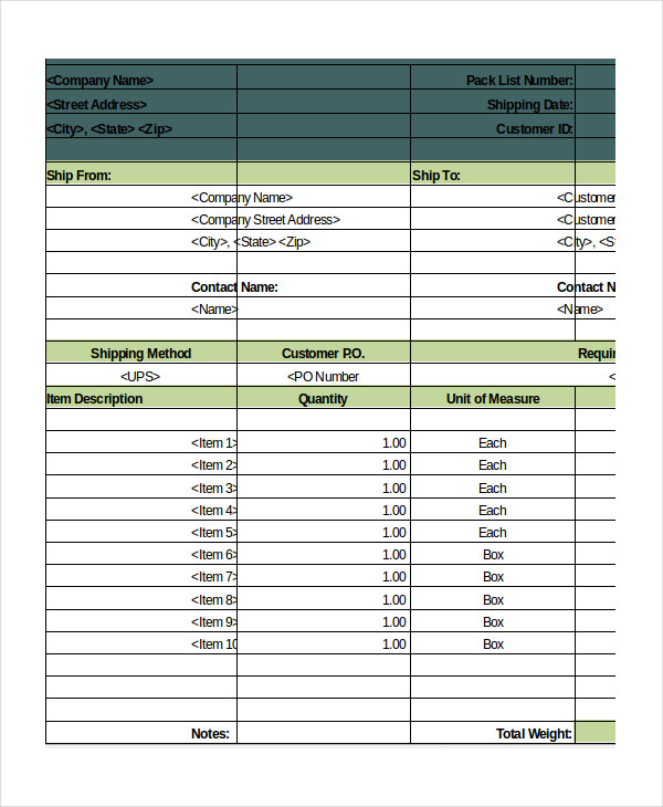 blank packing list template