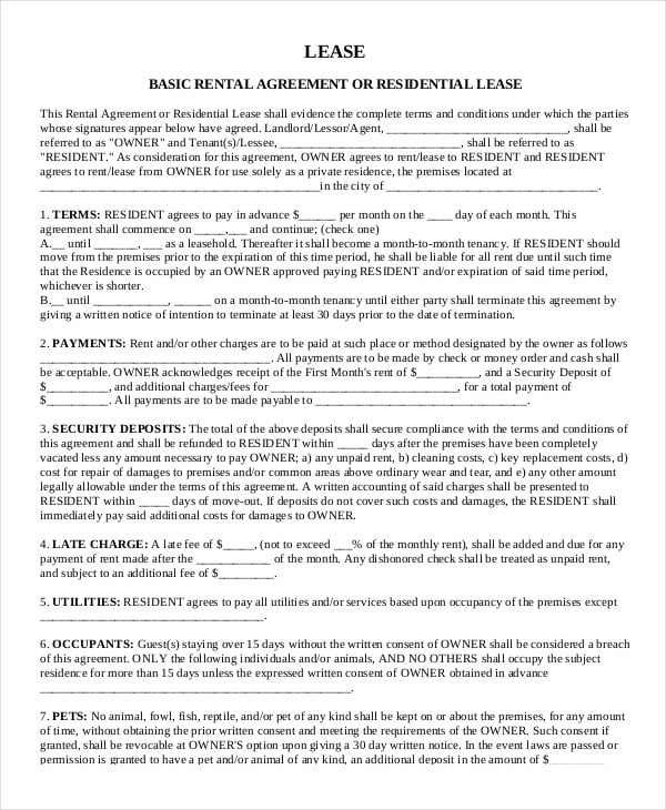 basic rental lease agreement form