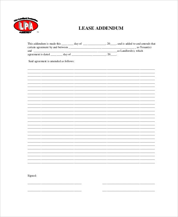 lease rental agreement addendum form