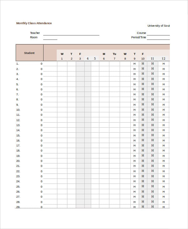 monthly class attendance tracking template