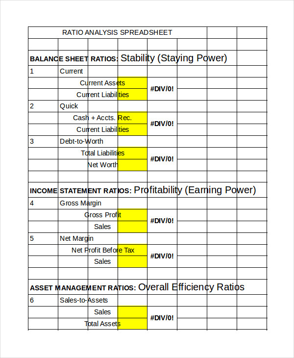 ratio analysis spreadsheet