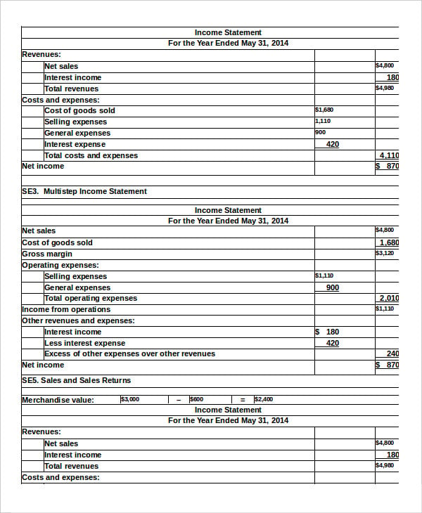 single step income statement template excel