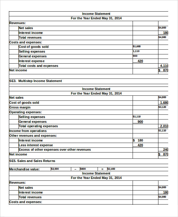 income statement template excel