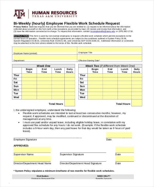 employee flexible work schedule template