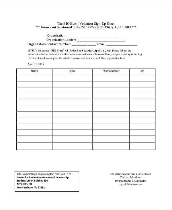 Printable Time Slot Sign Up Sheet Template
