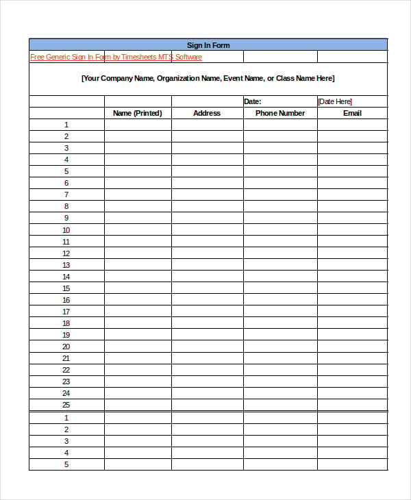 printable event sign in sheet form