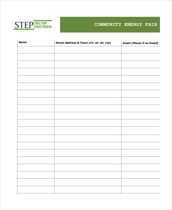 community energy fair event sign in sheet