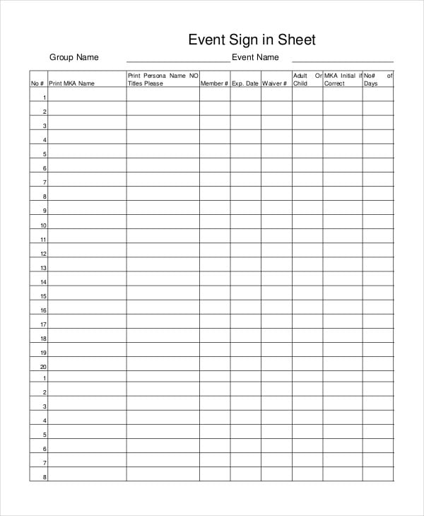 free event sign in sheet