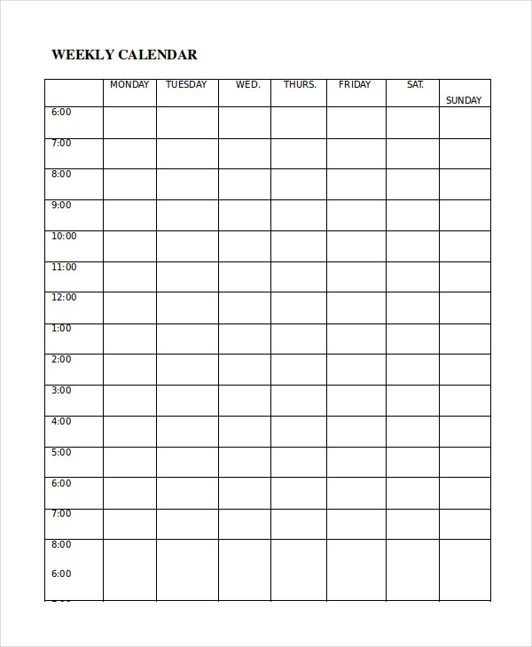 Weekly Calendar Template 12+ Word, Excel, PDF Documents Download