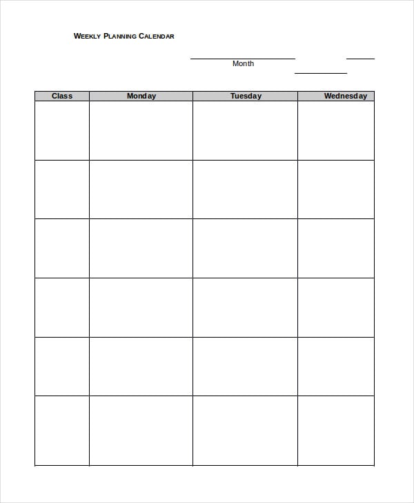 weekly planning calendar template doc