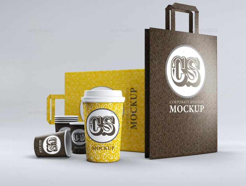 branding identity coffee cup bag mockup