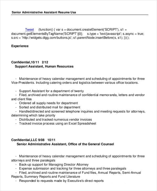 senior administrative assistant resume
