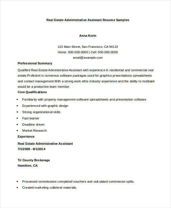 real estate administrative assistant resume