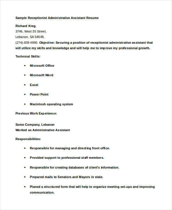 receptionist administrative assistant resume