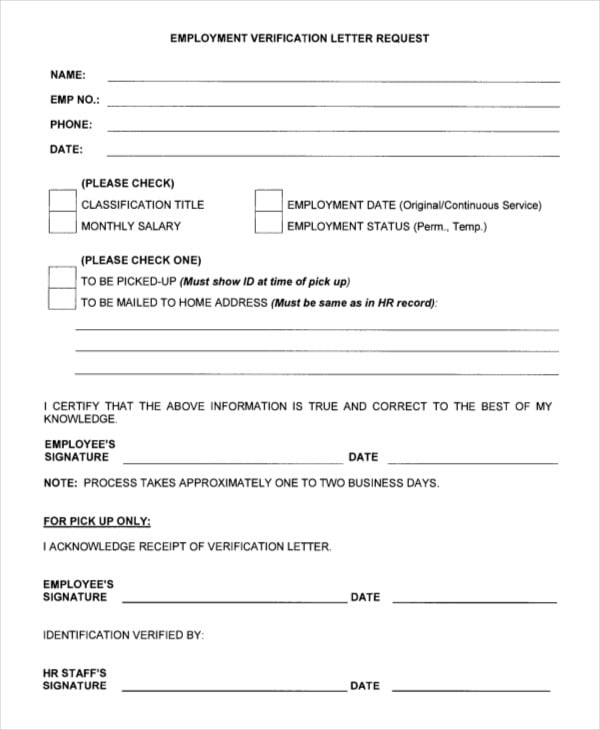 employment verification letter for request