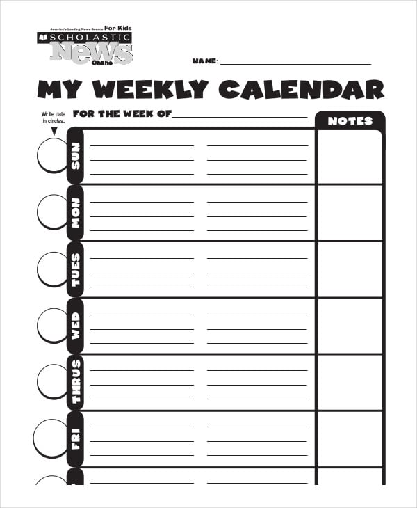 personal weekly calendar