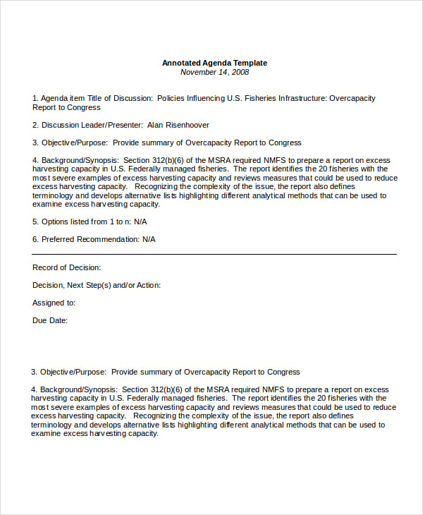 annotated agenda template sample