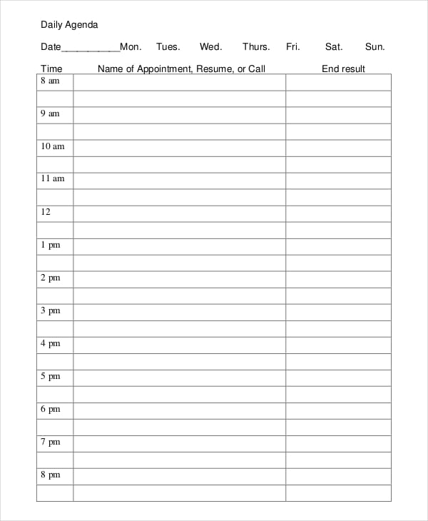 sample daily agenda template