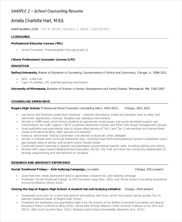 high school student counselling resume