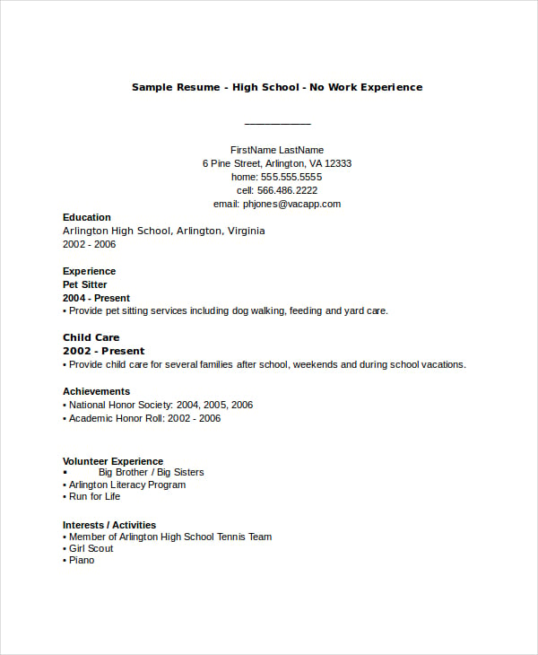 sample high school student resume