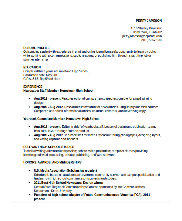 high school internship resume template