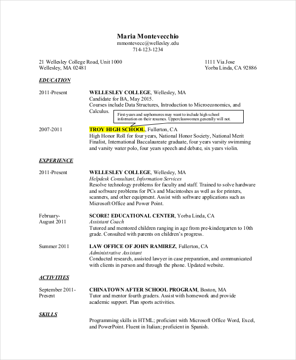 high school academic resume template