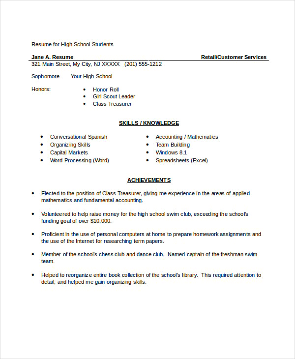 resume for high school student template